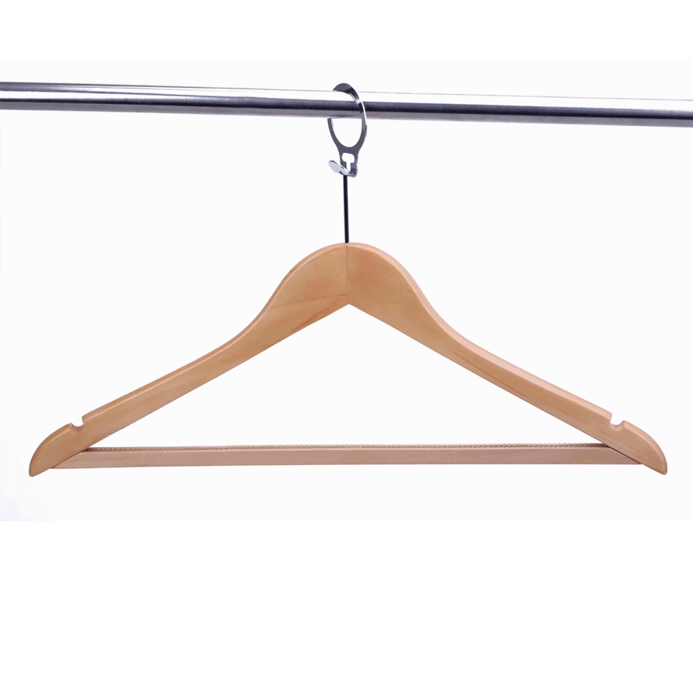ANTI-THEFT WOODEN CLOTHES HANGER WITH SHOULDER NOTCHES AND ANTI-SLIP STRIP BAR 44.5×2.0cm