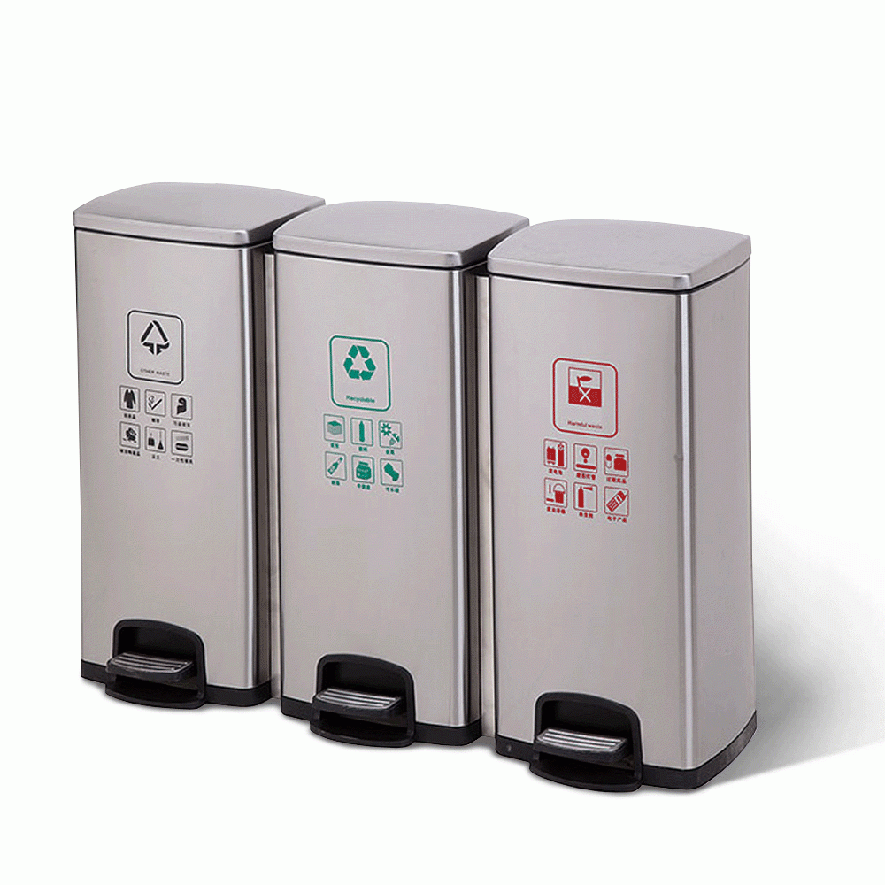 SKU: HS-5 THREE COMPARTMENTS RECYCLE PEDAL BIN 3x30Ltr