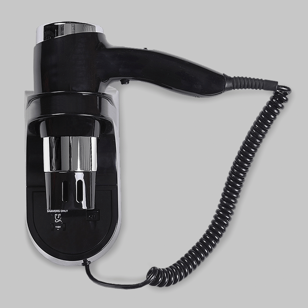 SKU: D07-1B WALL MOUNTED HAIR DRYER 1600W WITH SHAVER SOCKET 110V & 220V BLACK