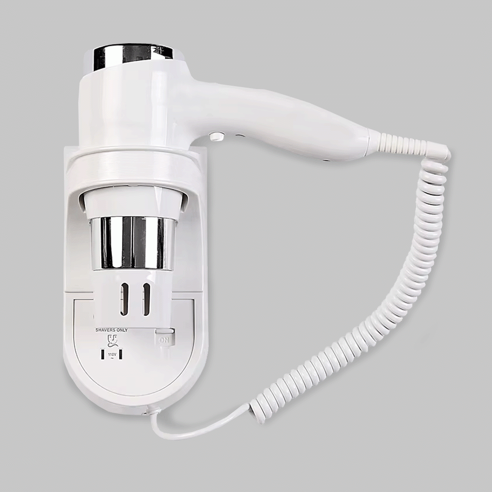 SKU: D07-1W WALL MOUNTED HAIR DRYER 1600W WITH SHAVER SOCKET 110V & 220V WHITE