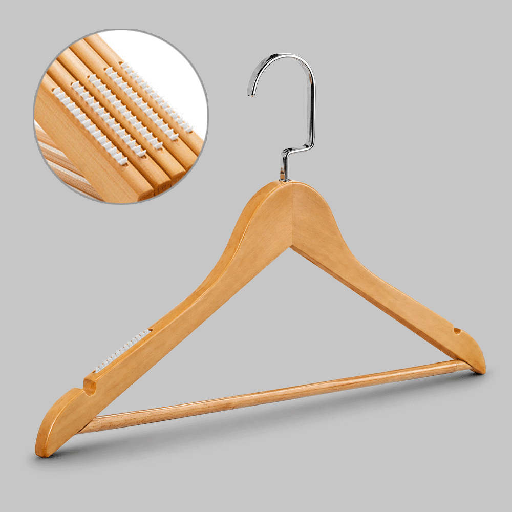 WOODEN CLOTHES HANGER WITH ANTI-SLIP SOFT RUBBER ON SHOULDERS 44.5×1.2cm