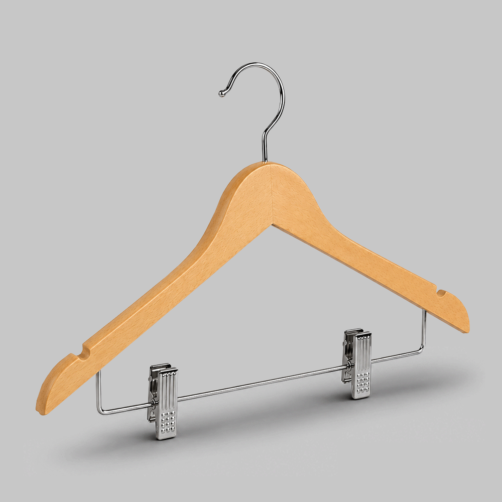 WOODEN CLOTHES HANGER WITH CLIPS & SHOULDER NOTCHES 44.5x2cm