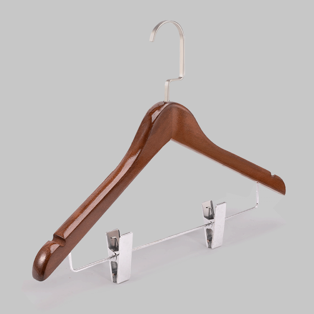 WOODEN CLOTHES HANGER WITH CLIPS & SHOULDER NOTCHES 44.5x2cm