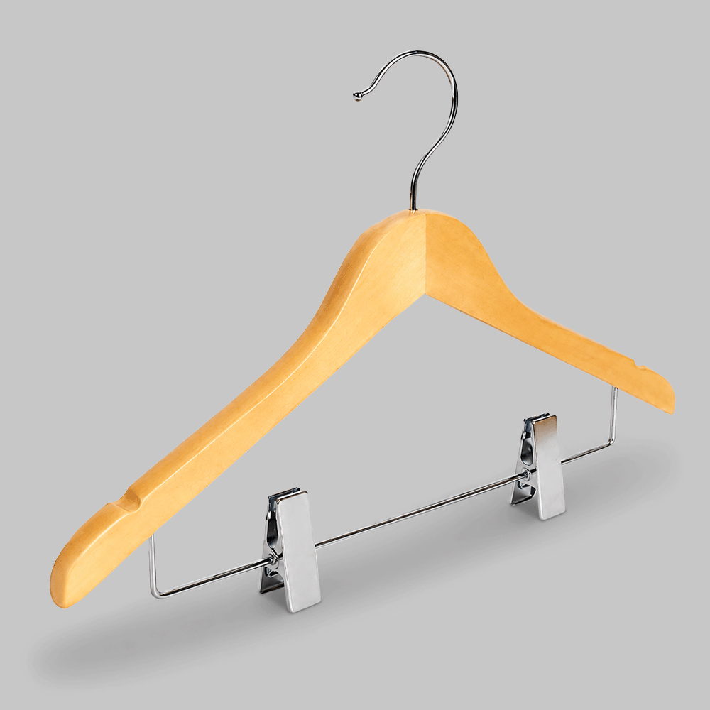 WOODEN CLOTHES HANGER WITH CLIPS & SHOULDER NOTCHES 44.5x2cm