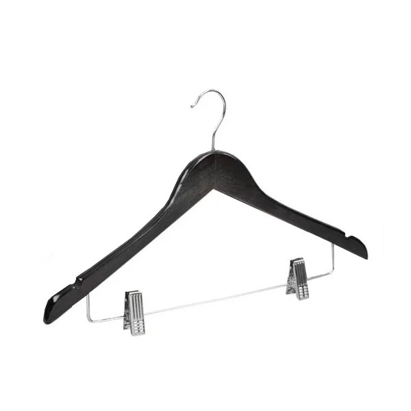 6125NSBL WOODEN CLOTHES HANGER WITH CLIPS 44.5×1.2cm BLACK